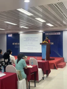 Dr. Phạm Thị Hồng Phượng from HCMC University delivering a speech at the 2024 Textile and Footwear Business Connection workshop.